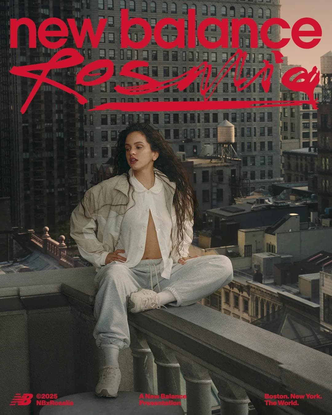 New Balance x Rosalía - Con Altura — Rosalía above New York in the campaign hero.