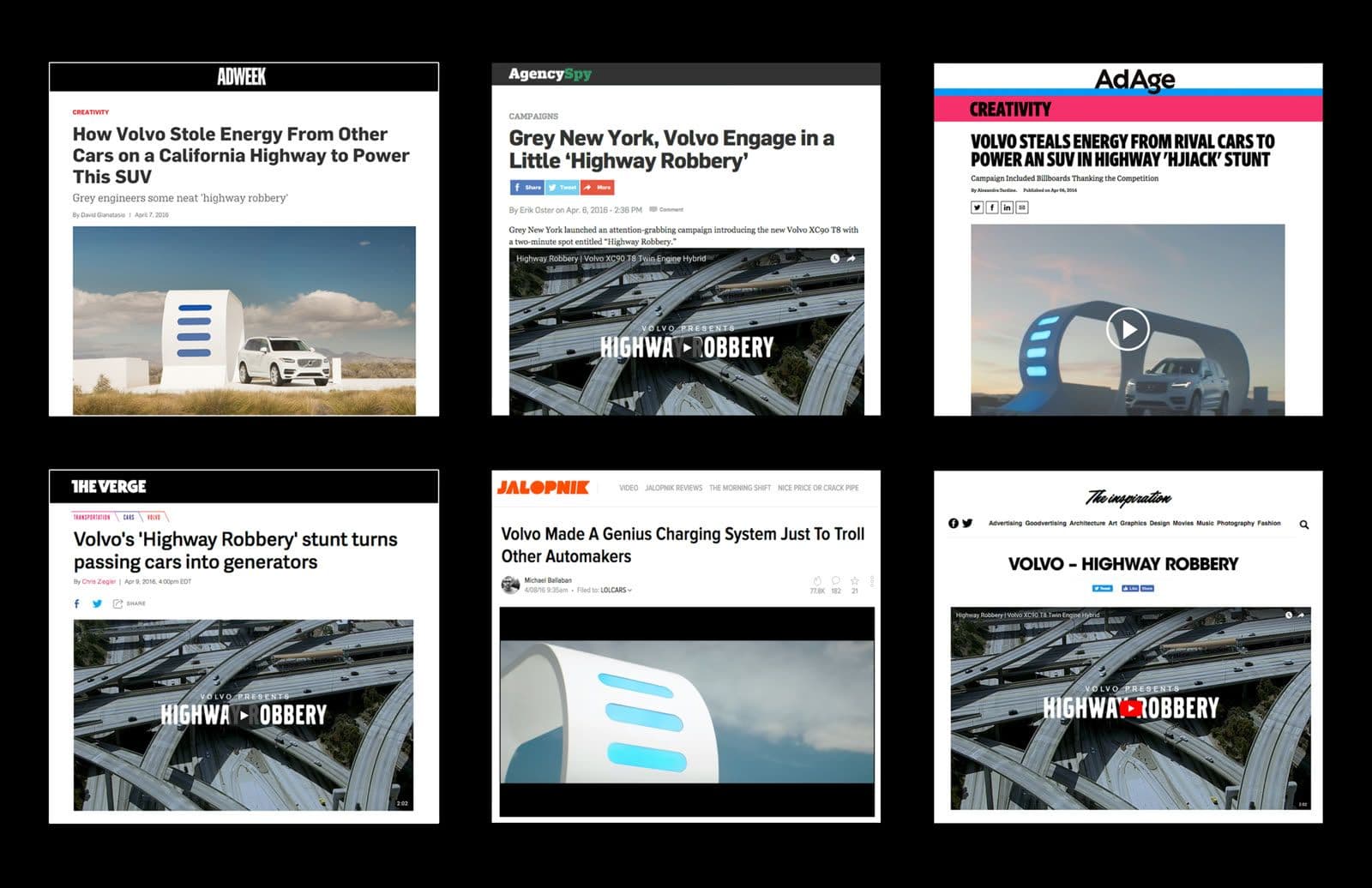 Press coverage of Volvo Highway Robbery from Adweek, AgencySpy, Ad Age, The Verge, Jalopnik, and The Inspiration.