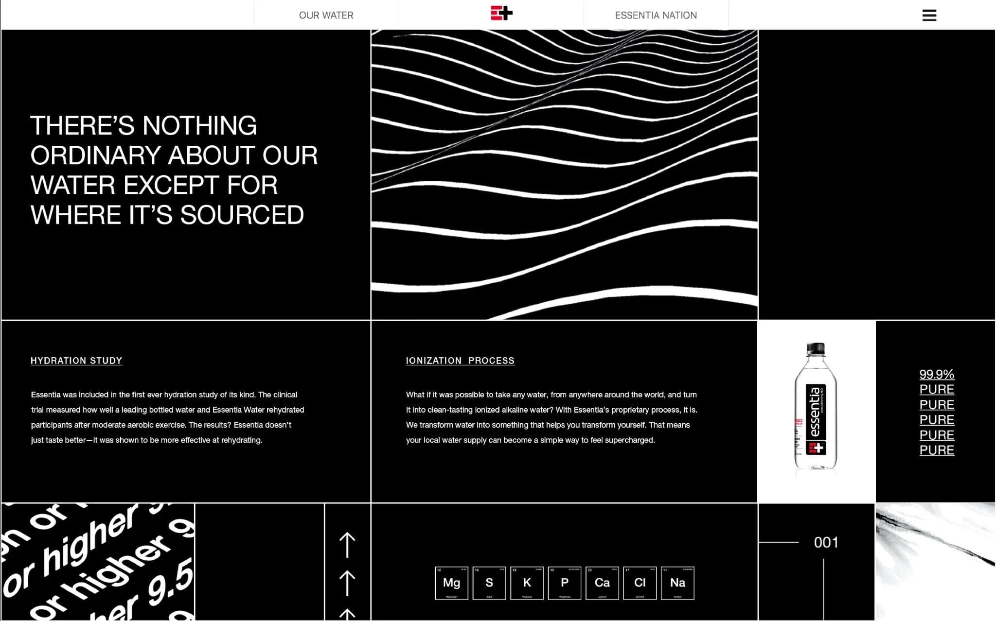 Essentia Water - Brand Transformation — Reduced black/white/red identity anchor.